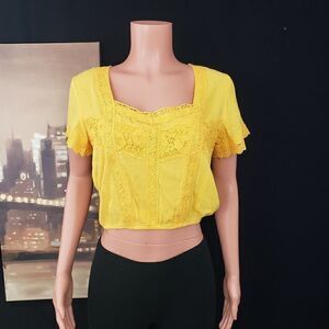 Yellow Top Blouse Shirt Short Sleeve Small